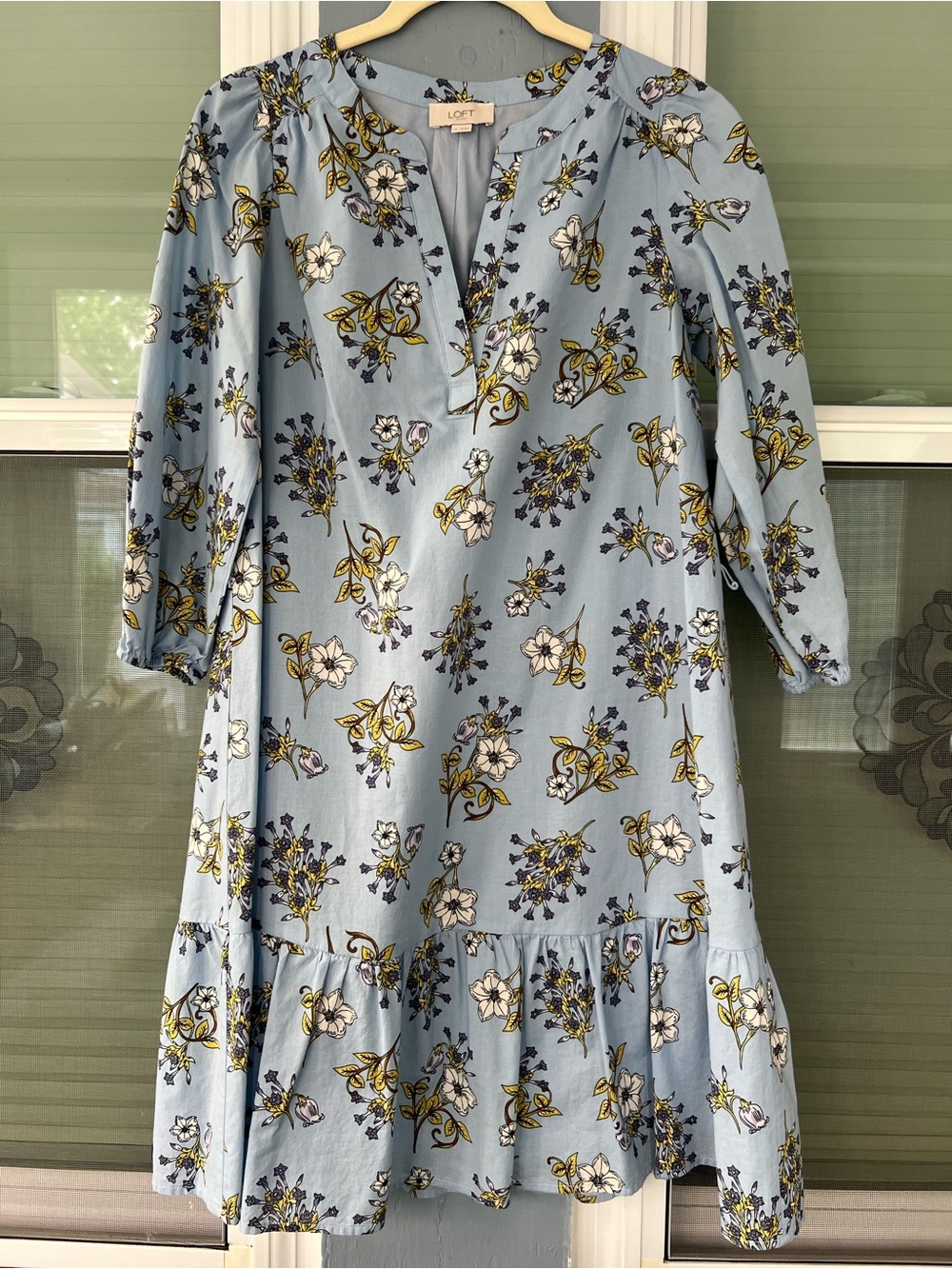 LOFT Powder Blue Floral V-Neck Tiered Dress